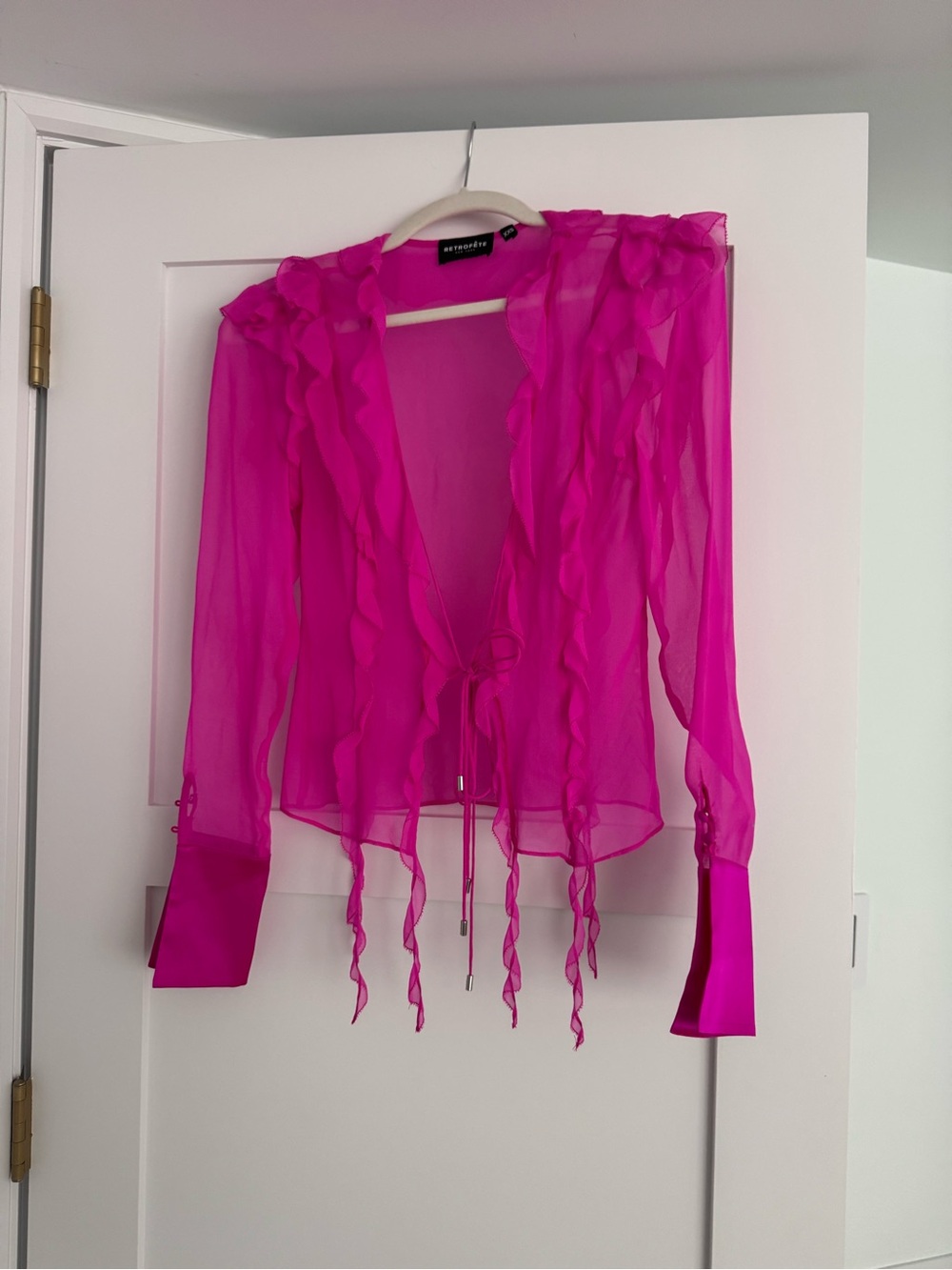 Retrofete Aviva Silk Chiffon Blouse Ruffle Open Tie Neon Pink Fushia - Picture 5 of 5